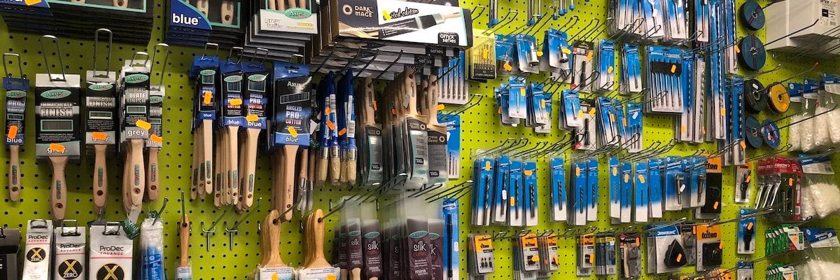 Brushes, tools and decorating supplies displayed inside Margate Decorators’ Merchants